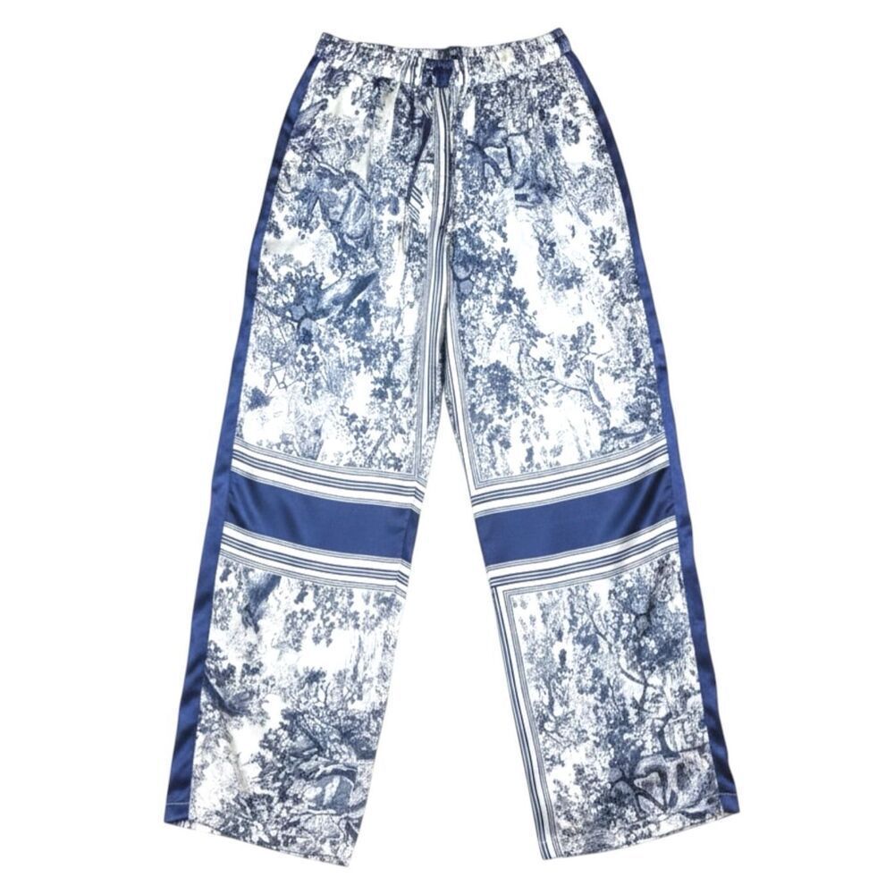POL Wide Leg Toile Print Pants Navy Ivory Boho Drawstring Palazzo Pants Large - Picture 9 of 9